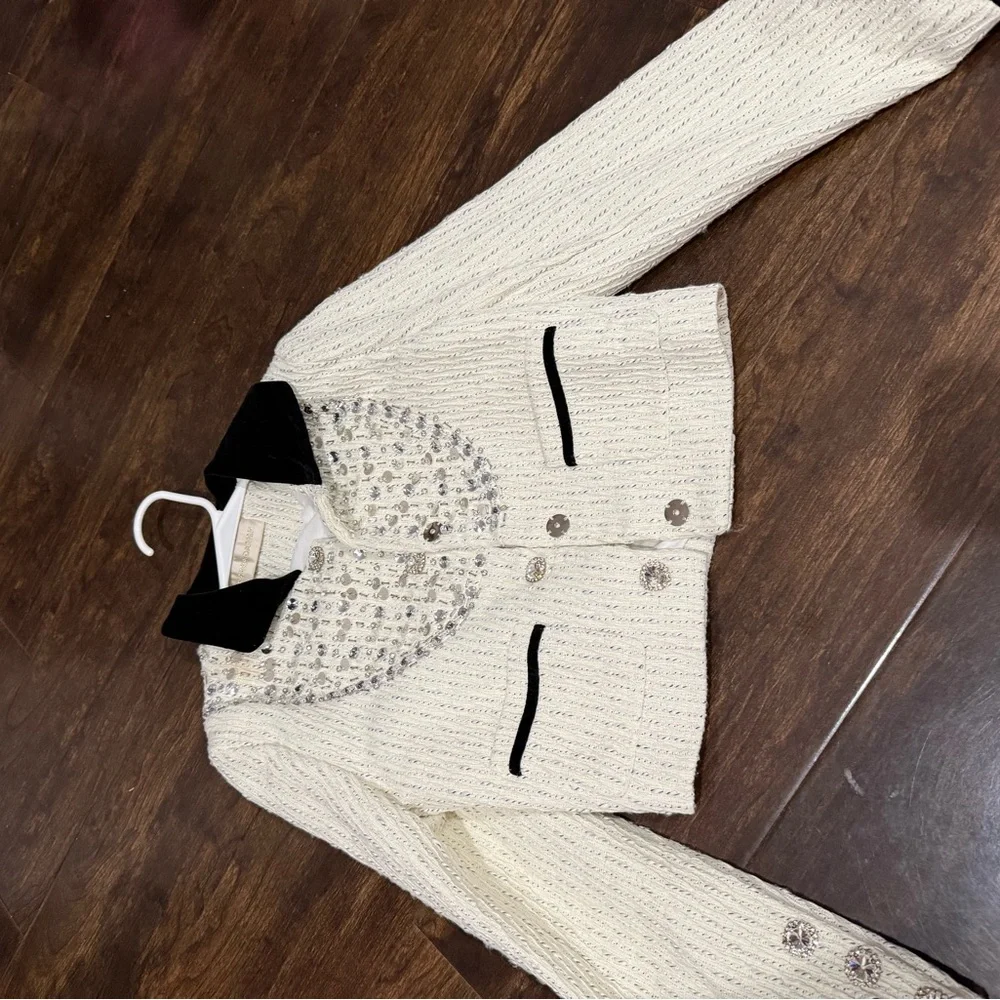 Cream Cropped Embellished Jacket with Black Trim - Picture 2 of 3